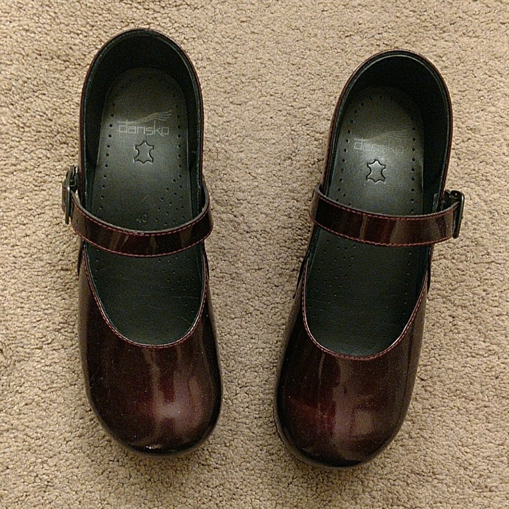 Dansko mary janes, patent red professional clogs.